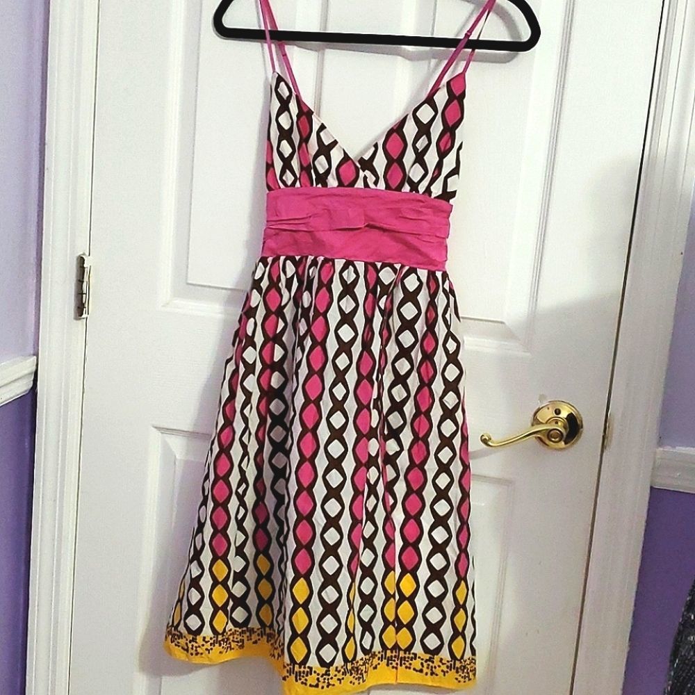 Max Studio Colorful Diamonds 60s Style Pinup Tie Back Flare Knee Length Dress XS